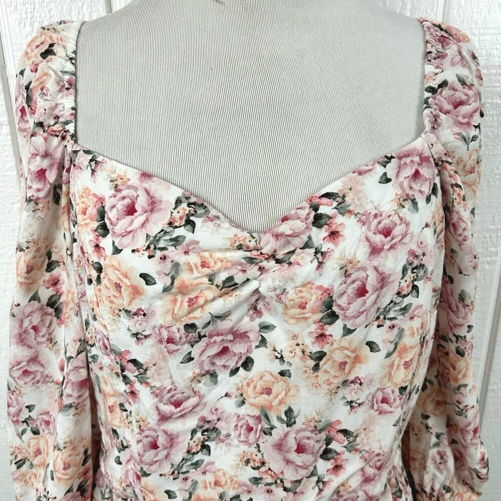 Mi Ami Francesca's Floral Peplum Blouse L Puff Sleeve Tie Back Cottagecore - Picture 4 of 8